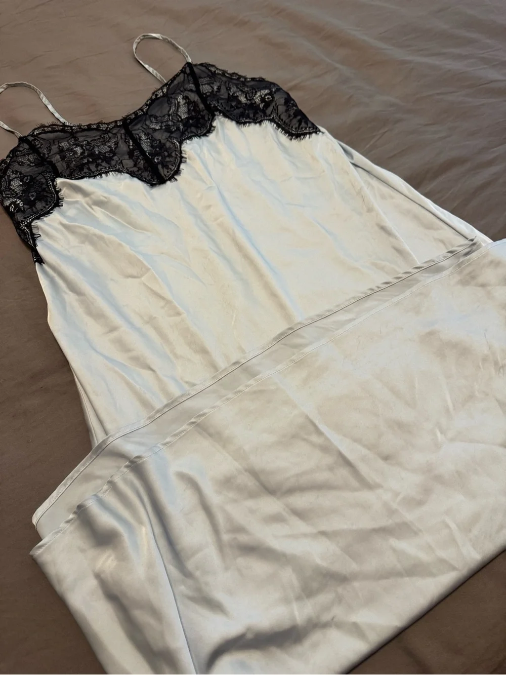 Silky Light Blue Sleep Slip Dress with Black Lace Trim